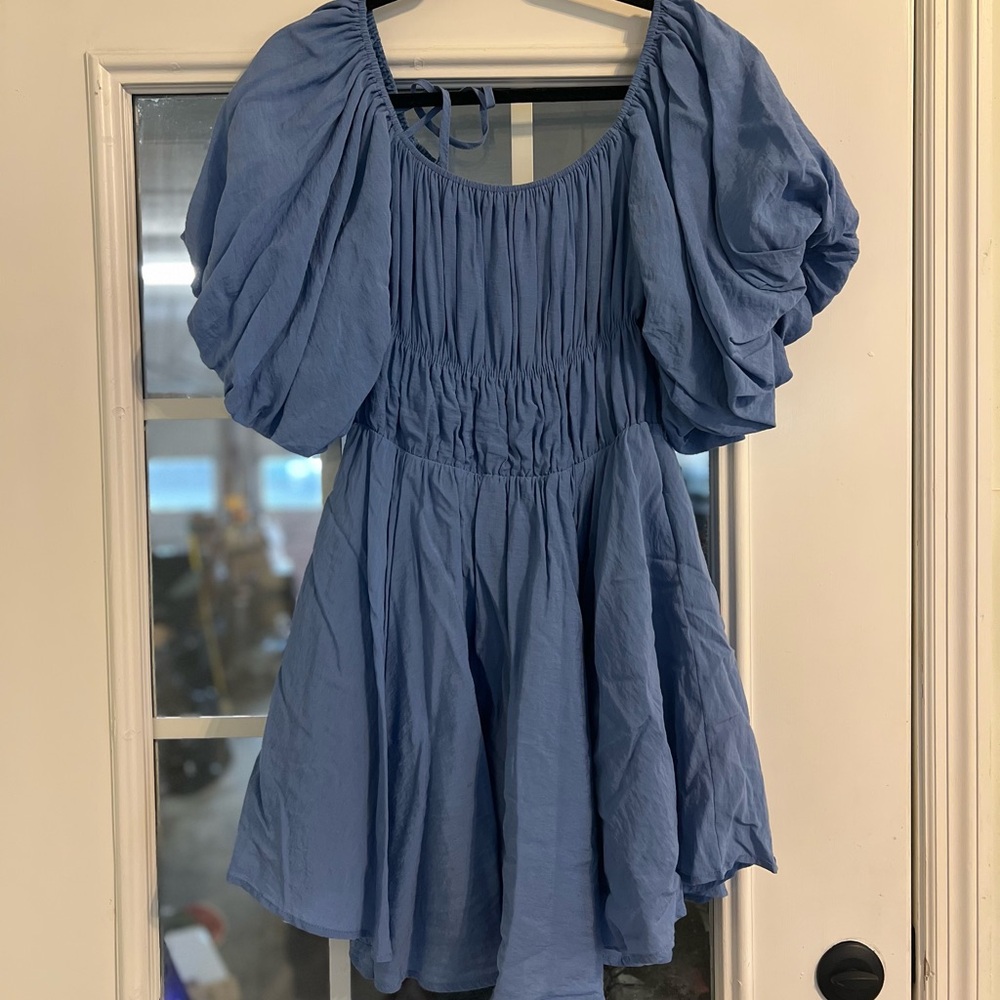 Blue puff sleeved mini dress with tie belt